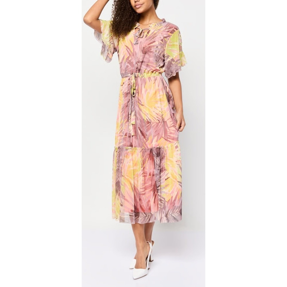 Kathy Ireland Tropical Palm Print Mesh Maxi Dress Pink Yellow Size M NWT